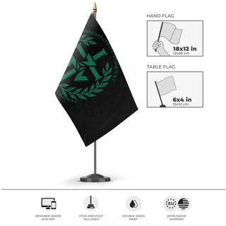 A mockup of the custom flag 'Sanguis Christi Triskelie flag' as a desk flag and small hand waving flag