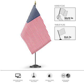 A mockup of the custom flag 'Cursed US flag' as a desk flag and small hand waving flag