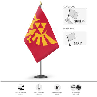 A mockup of the custom flag 'Hyrule flag' as a desk flag and small hand waving flag