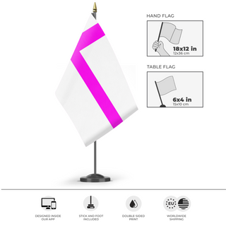A mockup of the custom flag 'jandonia flag' as a desk flag and small hand waving flag