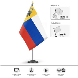 A mockup of the custom flag 'Russian Empire flag' as a desk flag and small hand waving flag