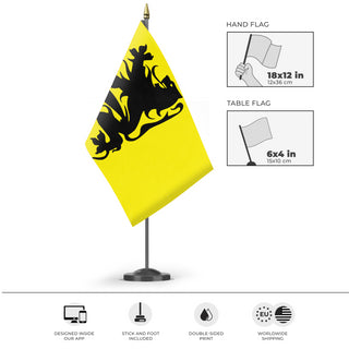 A mockup of the custom flag 'Flanders Flag' as a desk flag and small hand waving flag