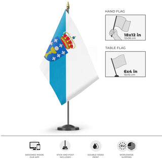 A mockup of the custom flag 'Kingdom of Galicia flag' as a desk flag and small hand waving flag
