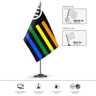 A mockup of the custom flag 'American Iron Front Pride flag' as a desk flag and small hand waving flag