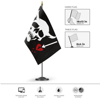 A mockup of the custom flag 'Blackbeard flag' as a desk flag and small hand waving flag