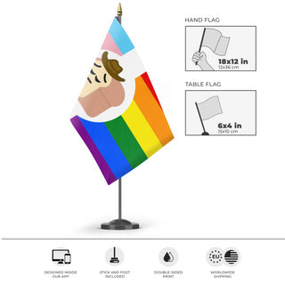 A mockup of the custom flag 'PensivePrideCowboyBread flag' as a desk flag and small hand waving flag