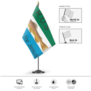 A mockup of the custom flag 'Rebuls of society flag' as a desk flag and small hand waving flag