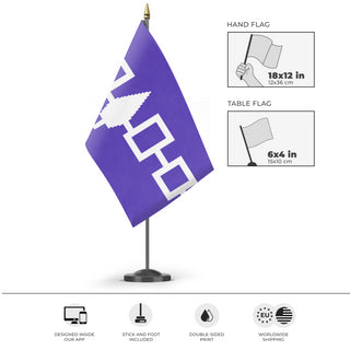 A mockup of the custom flag 'Iroquois Confederacy Flag' as a desk flag and small hand waving flag