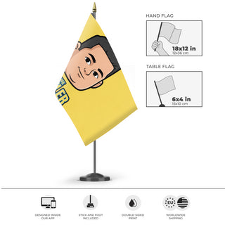 A mockup of the custom flag 'The Rizzler flag' as a desk flag and small hand waving flag