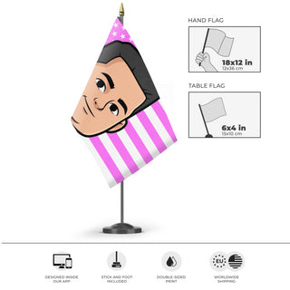 A mockup of the custom flag 'American Rizzler flag' as a desk flag and small hand waving flag