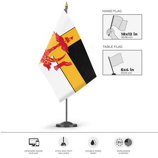 A mockup of the custom flag 'Internatinoal rebellion of brunei flag' as a desk flag and small hand waving flag