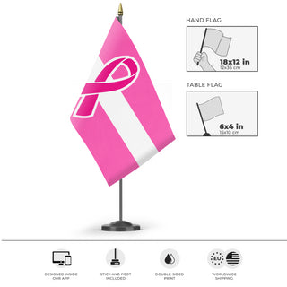 A mockup of the custom flag 'Latvian Breast Cancer Awareness flag' as a desk flag and small hand waving flag
