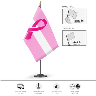A mockup of the custom flag 'Latvian Breast Cancer Awareness flag' as a desk flag and small hand waving flag