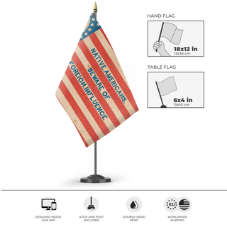 A mockup of the custom flag 'Know Nothing flag' as a desk flag and small hand waving flag