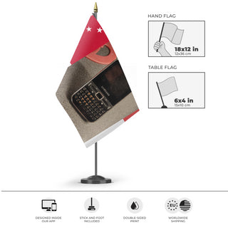 A mockup of the custom flag 'T flag' as a desk flag and small hand waving flag