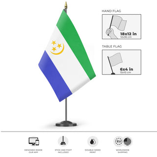 A mockup of the custom flag 'United Republic Of Osavina Vertical flag' as a desk flag and small hand waving flag
