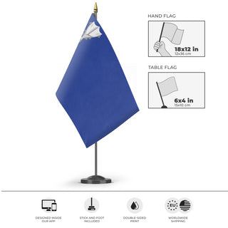 A mockup of the custom flag 'Revolutionary Iceland flag' as a desk flag and small hand waving flag