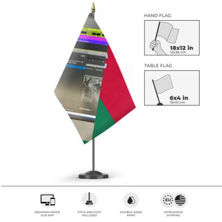 A mockup of the custom flag 'T flag' as a desk flag and small hand waving flag