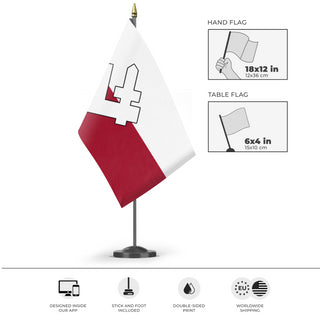 A mockup of the custom flag 'Grupa Falanga flag' as a desk flag and small hand waving flag