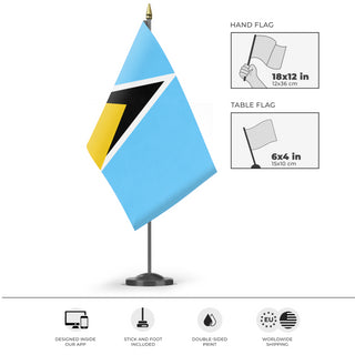 A mockup of the custom flag 'Saint lucia flag' as a desk flag and small hand waving flag