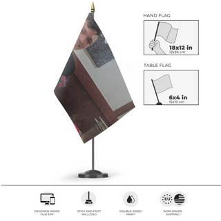 A mockup of the custom flag 'Lando flag' as a desk flag and small hand waving flag