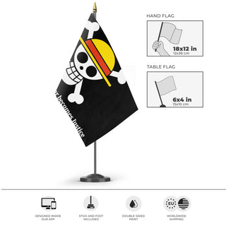 A mockup of the custom flag 'Custom Request flag' as a desk flag and small hand waving flag