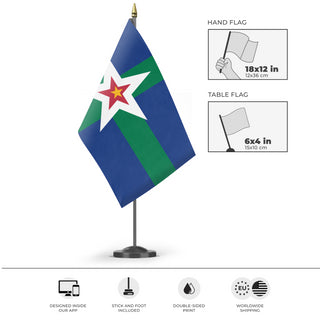 A mockup of the custom flag 'British Lucian island flag' as a desk flag and small hand waving flag