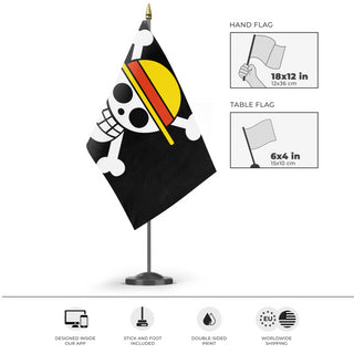 A mockup of the custom flag 'One Piece Protest flag' as a desk flag and small hand waving flag