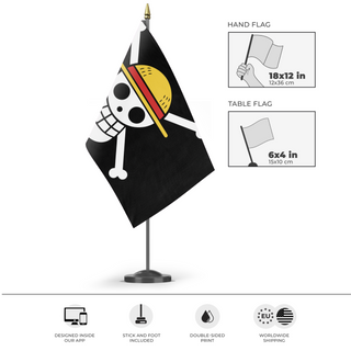 A mockup of the custom flag 'Straw Hat Protest flag' as a desk flag and small hand waving flag
