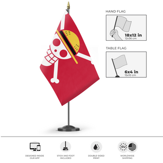 A mockup of the custom flag 'Red One Piece Protest flag' as a desk flag and small hand waving flag