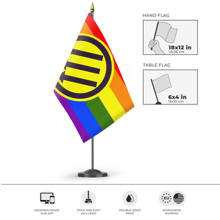A mockup of the custom flag 'Iron Front Pride flag' as a desk flag and small hand waving flag