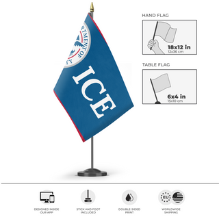 A mockup of the custom flag 'ICE flag' as a desk flag and small hand waving flag