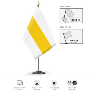 A mockup of the custom flag 'Flag of Ententia' as a desk flag and small hand waving flag
