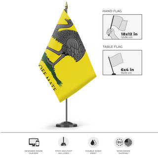 A mockup of the custom flag 'Australian Ostrich Gadsden flag' as a desk flag and small hand waving flag