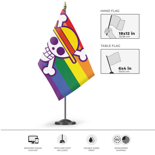 A mockup of the custom flag 'One Piece Pride flag' as a desk flag and small hand waving flag