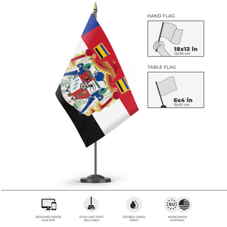 A mockup of the custom flag 'French Egypt flag' as a desk flag and small hand waving flag