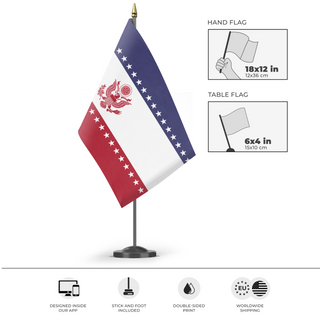 A mockup of the custom flag 'American Flag in the Style of Iran' as a desk flag and small hand waving flag