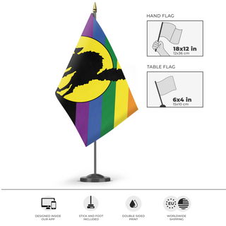 A mockup of the custom flag 'Sabot Pride flag' as a desk flag and small hand waving flag