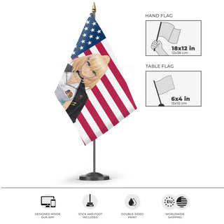 A mockup of the custom flag 'Josie flag' as a desk flag and small hand waving flag
