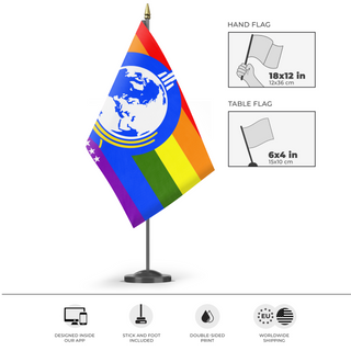 A mockup of the custom flag 'Super Gay Super Earth flag' as a desk flag and small hand waving flag