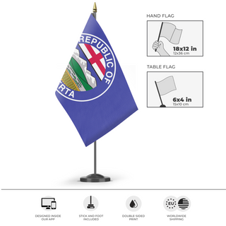 A mockup of the custom flag 'Republic of Alberta flag' as a desk flag and small hand waving flag