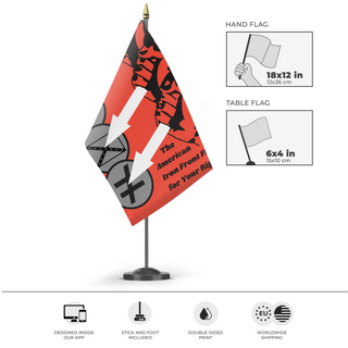 A mockup of the custom flag 'American Iron Front Vertical flag' as a desk flag and small hand waving flag