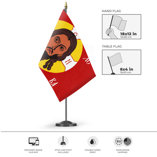 A mockup of the custom flag 'Holy Face of Christ flag' as a desk flag and small hand waving flag