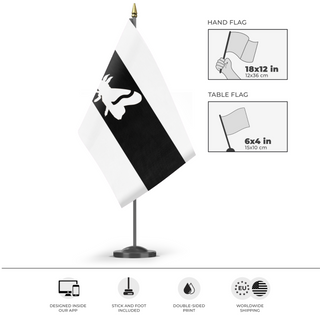 A mockup of the custom flag 'Karkosia flag' as a desk flag and small hand waving flag