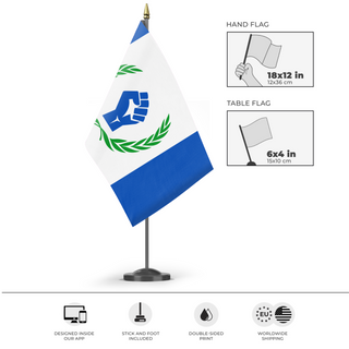 A mockup of the custom flag 'Myflagig' as a desk flag and small hand waving flag