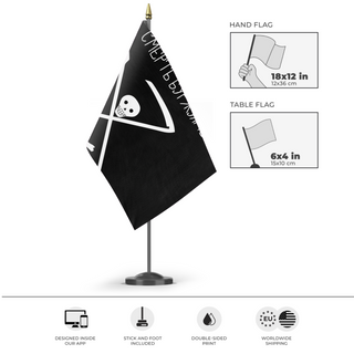 A mockup of the custom flag 'Krondstadt Rebellion flag' as a desk flag and small hand waving flag