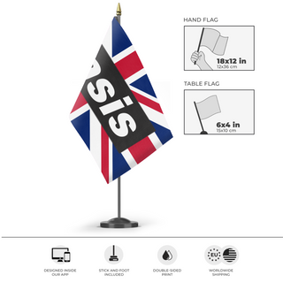 A mockup of the custom flag 'Oasis Flag' as a desk flag and small hand waving flag