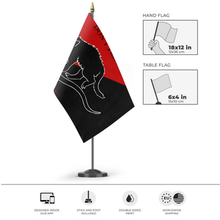 A mockup of the custom flag 'Sabot Cat flag' as a desk flag and small hand waving flag