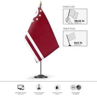 A mockup of the custom flag 'USSA  flag' as a desk flag and small hand waving flag