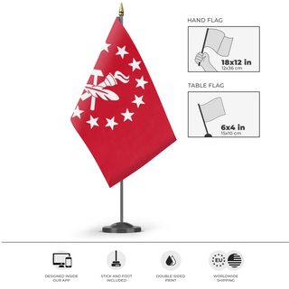 A mockup of the custom flag 'APLA Jacobins flag' as a desk flag and small hand waving flag